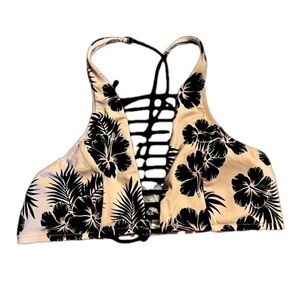 Victoria’s Secret PINK Black Floral Tropical Hibiscus Print Bikini Top Size L